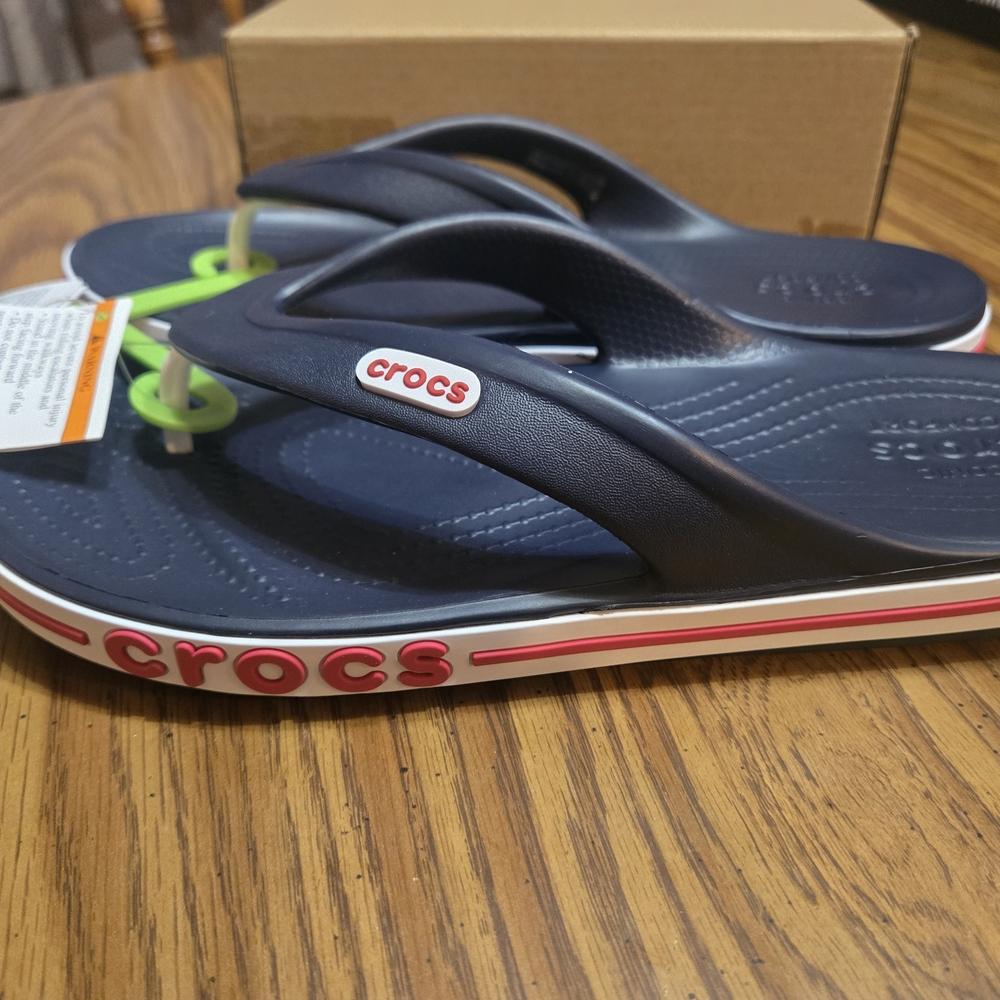 Crocs Navy Flip Flops with Red Accents